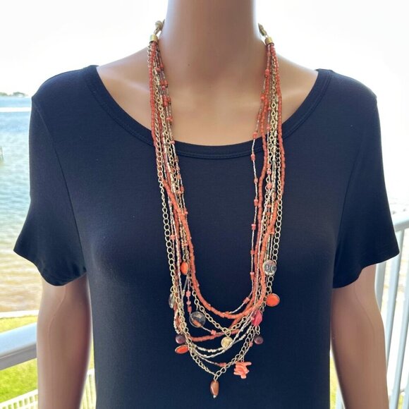 Multi Strand Necklace Coral Gold Tone White Beaded Chain Adjustable Length - Picture 2 of 4